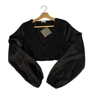 Lelis Smocked Crop Peasant Top Womens Small Black  Whimsigoth Bubble Sleeve NWT